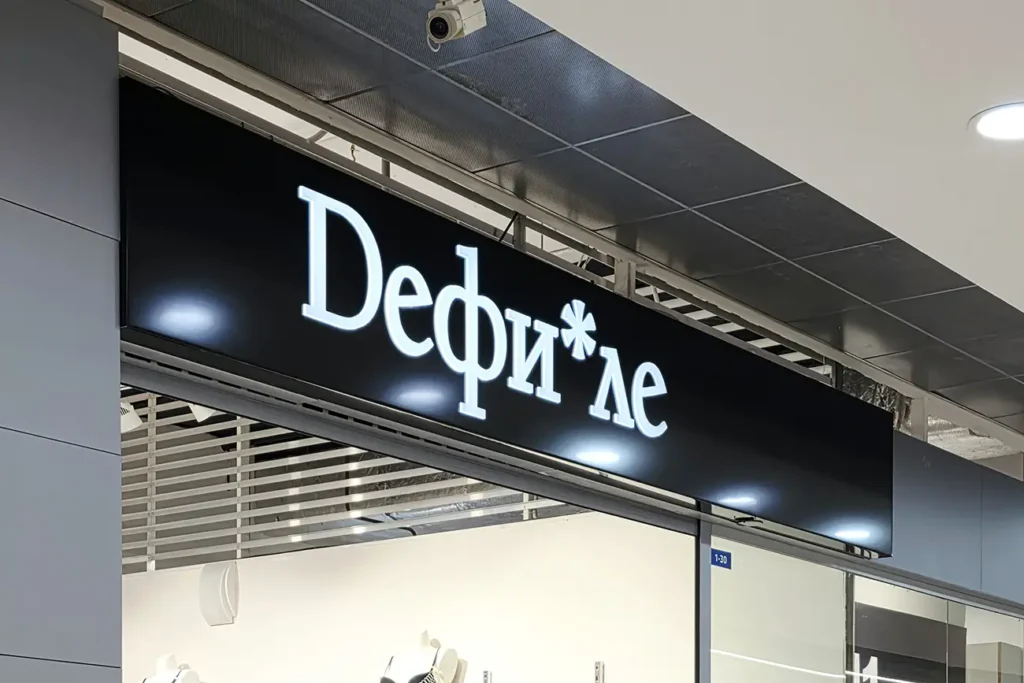 Световая вывеска на подложке "Dефиле" в ТЦ